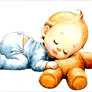 Desenho de bebê dormindo sobre um ursinho de pelúcia.